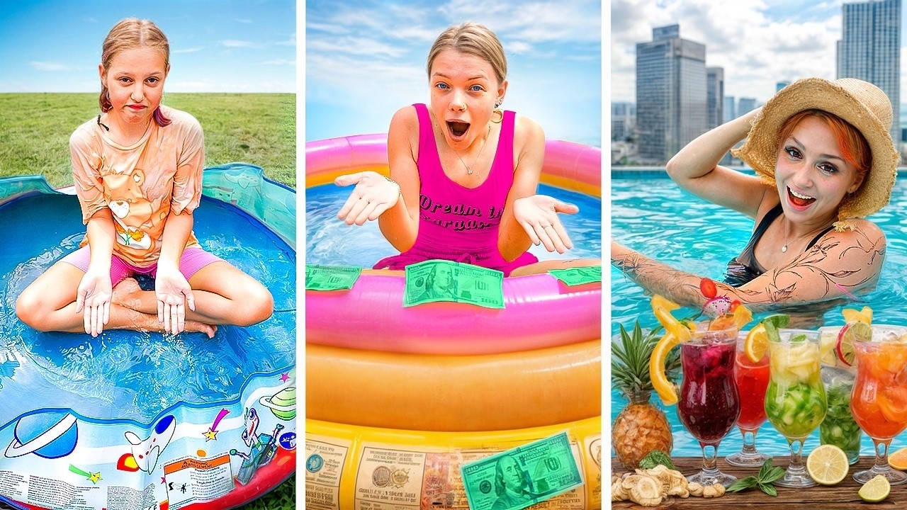 БЕДНИ vs БОГАТИ vs УЛТРАБОГАТИ БАСЕЙН! Амелка и нейните приятели прекарват 24 часа в басейна