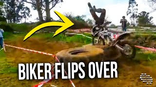 Biker in the Enduro GP Race Flips Over Bike Trying to Pass an Obstacle