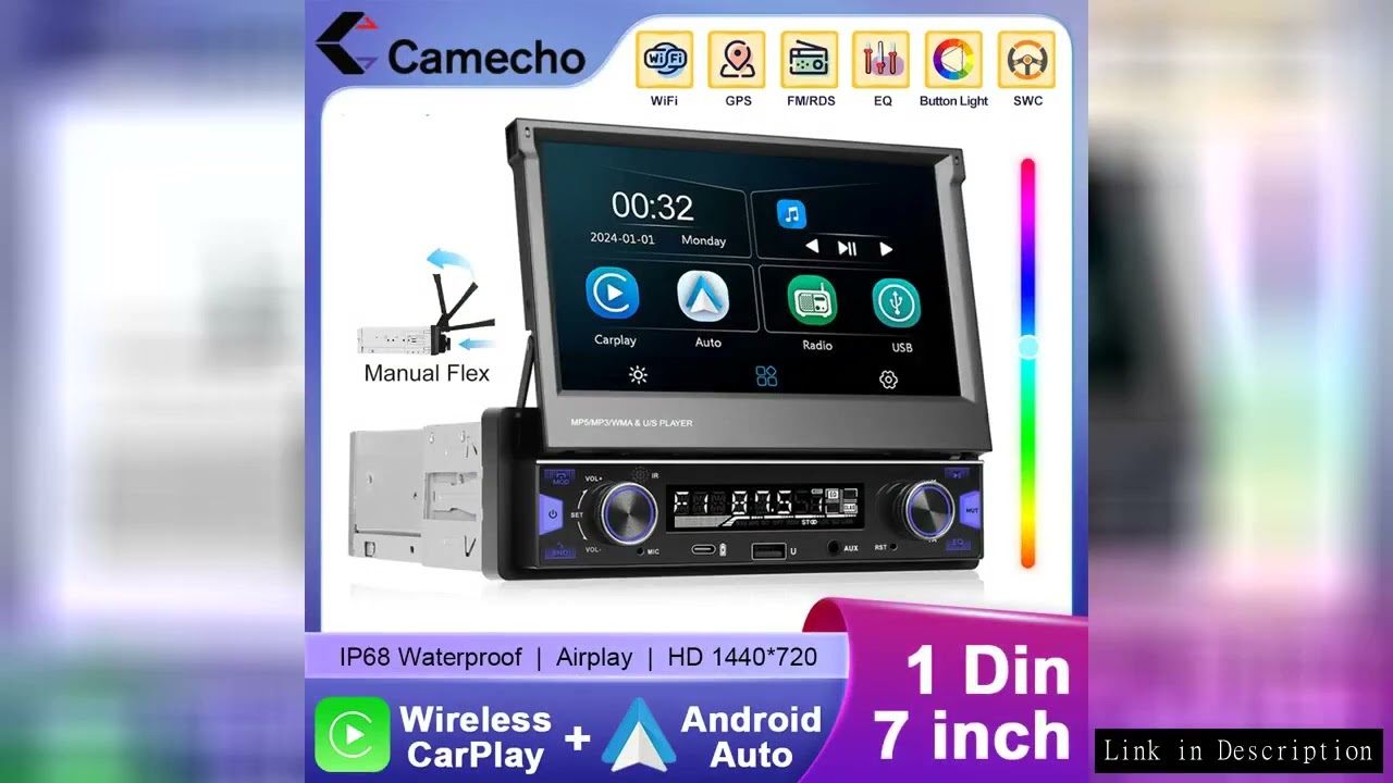 Camecho 7inch Retractable Screen 1 Din Car Stereo Radio Wireless Carplay Android Auto MP5 Multimedia