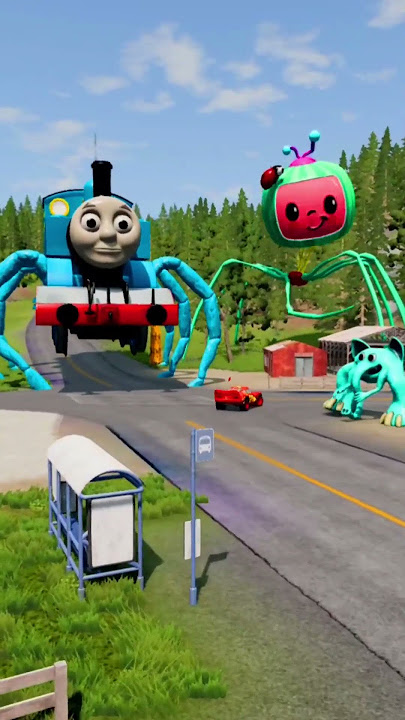 Mcqueen's car is chased by the sheriff car meets the Tung Tung Sahur and Thomas Train  Bus Eater