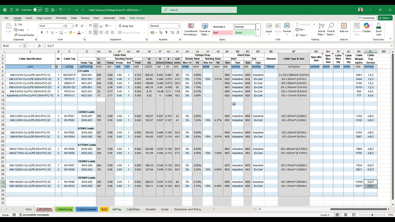 Demo Cable Tray Section | Excel Automatic Cable Sizing