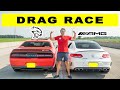 Dodge Challenger Hellcat vs Mercedes C63S AMG, drag and roll race.