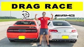 Dodge Challenger Hellcat vs Mercedes C63S AMG, drag and roll race.