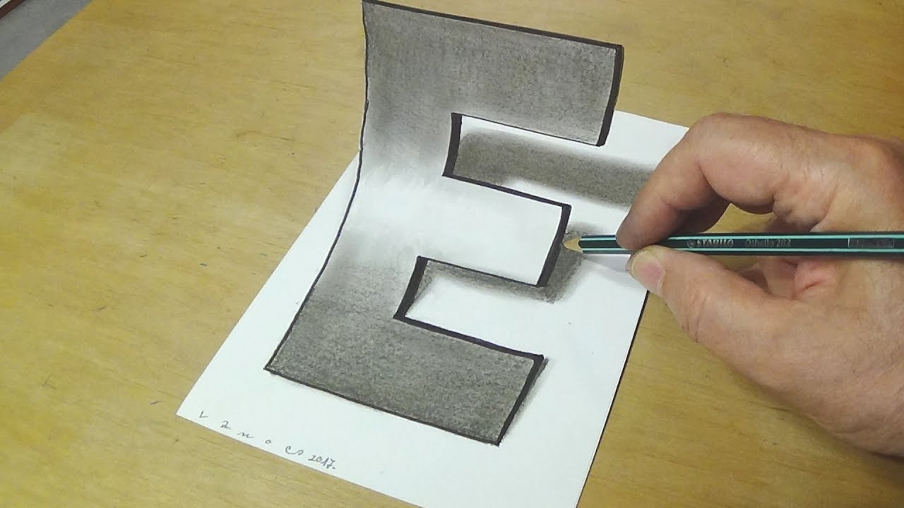 Easy Trick Art Drawing How To Draw 3d Letter E Anamorphic Illusion With Charcoal Pencil Youtube