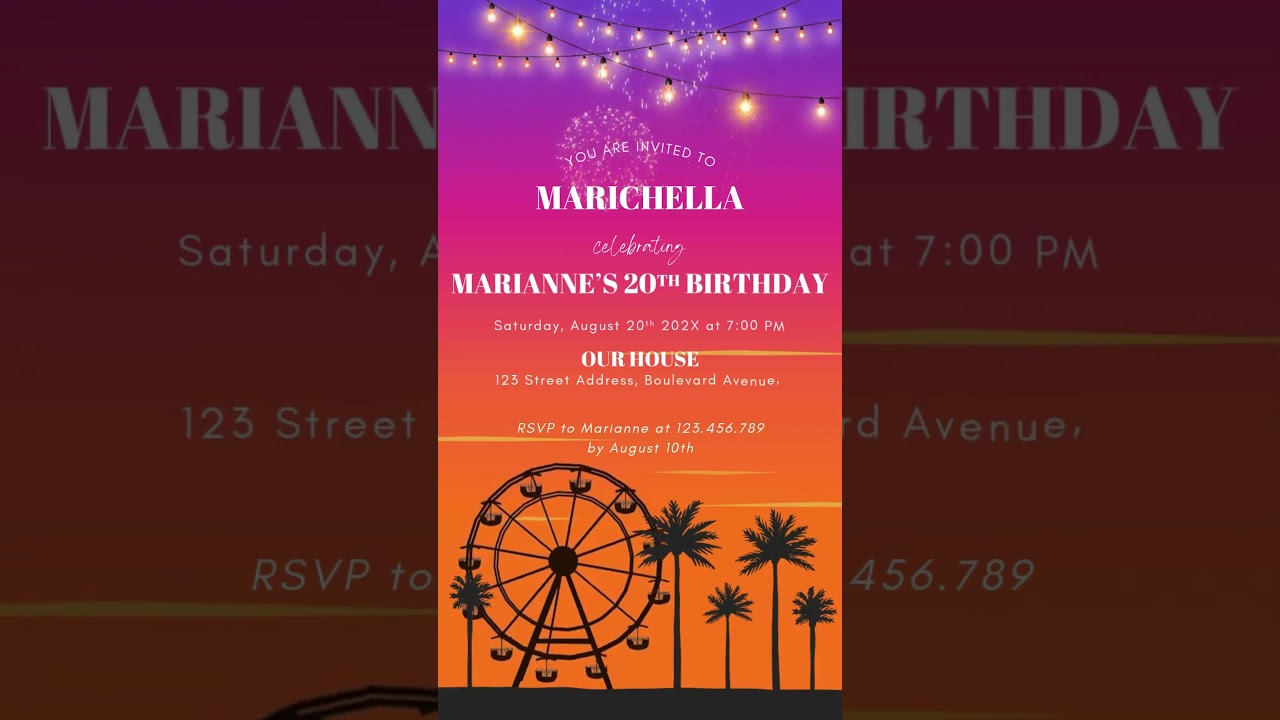 Animated Coachella Birthday Party Invitation, Editable Festival Party Invite, Tropical Sunset Evite