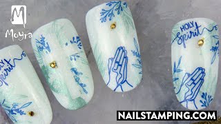 Stamping nail art for Pentecost on glittering base (nailstamping.com)
