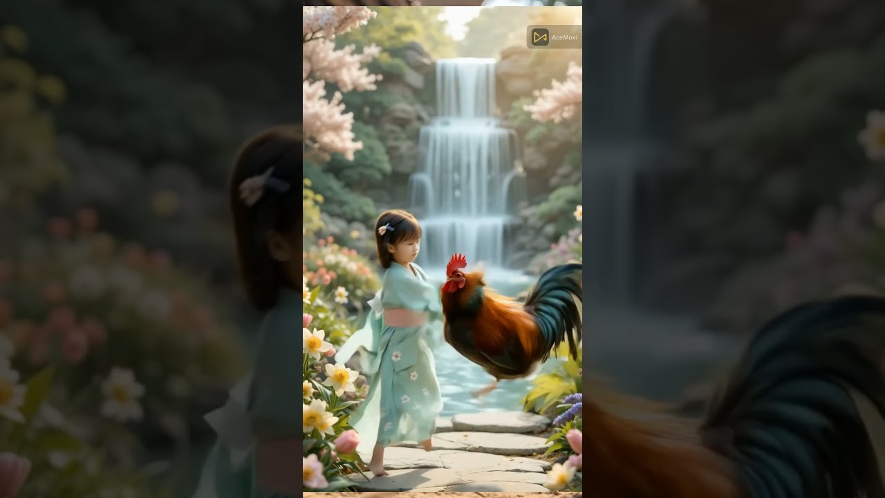 cute baby fight with rooster 