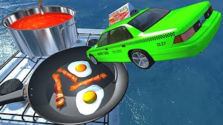 BeamNG.drive - High Speed Jumps into Egg & Bacon + Tomato Soup