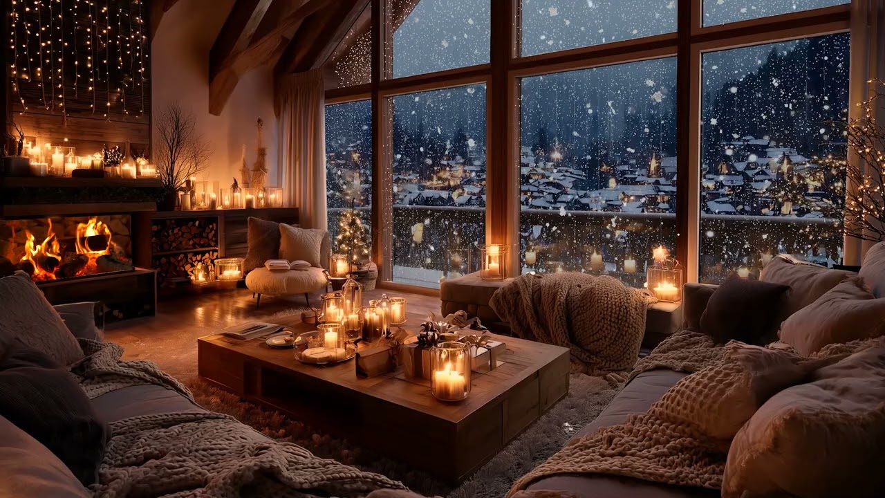 Soothing Winter Piano  Snowfall & Fireplace Ambience for Relaxing Night