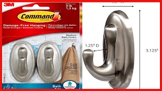 Command Traditional Plastic Bath Hooks, Medium, Brushed Nickel, 2-Hooks, 4-Water Resistant Strips,