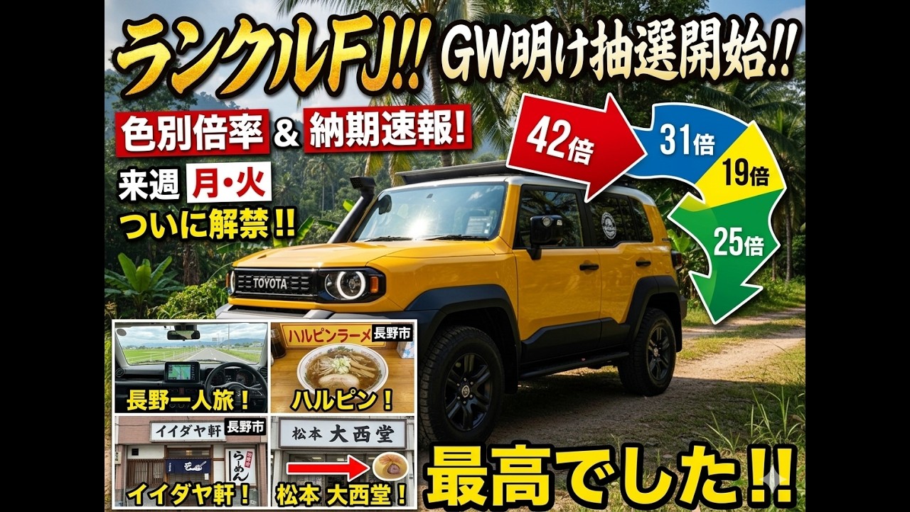 ランクルFJ！！GW明けから始まる抽選状況について。色別の抽選倍率と