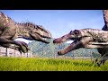 Spinosaurus vs trex vs indominus rex dinosaurs battle in jurassic park   jurassic world evolution
