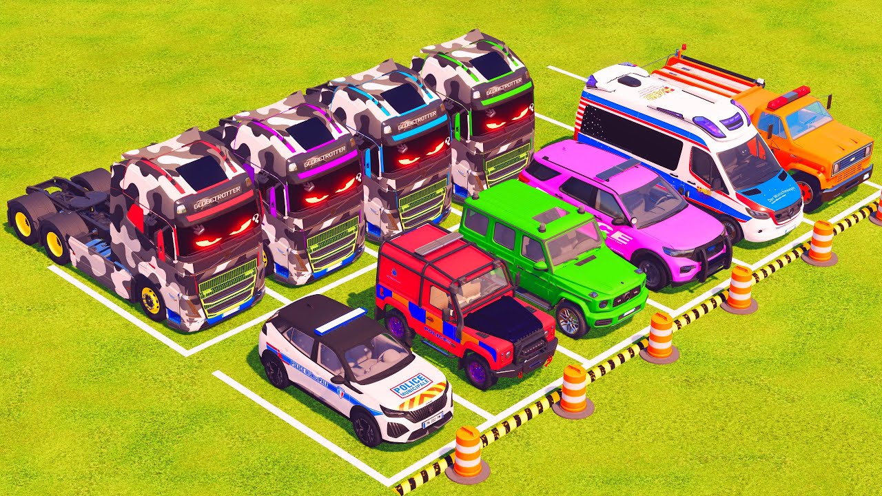 VUS GAME - TRANSPORTING POLICE CARS, FIRE DEPARTMENT, AMBULANCE VEHICLES WITH TRUCKS - FS22 