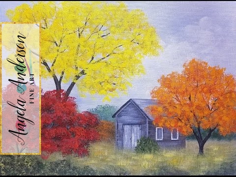 Easy Autumn Tree Landscape with Barn Acrylic Painting Tutorial for