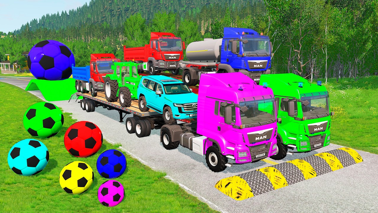Flatbed Trailer McQueen Transportation with Truck - Speedbumps vs Cars vs Train - BeamNG.Drive #57