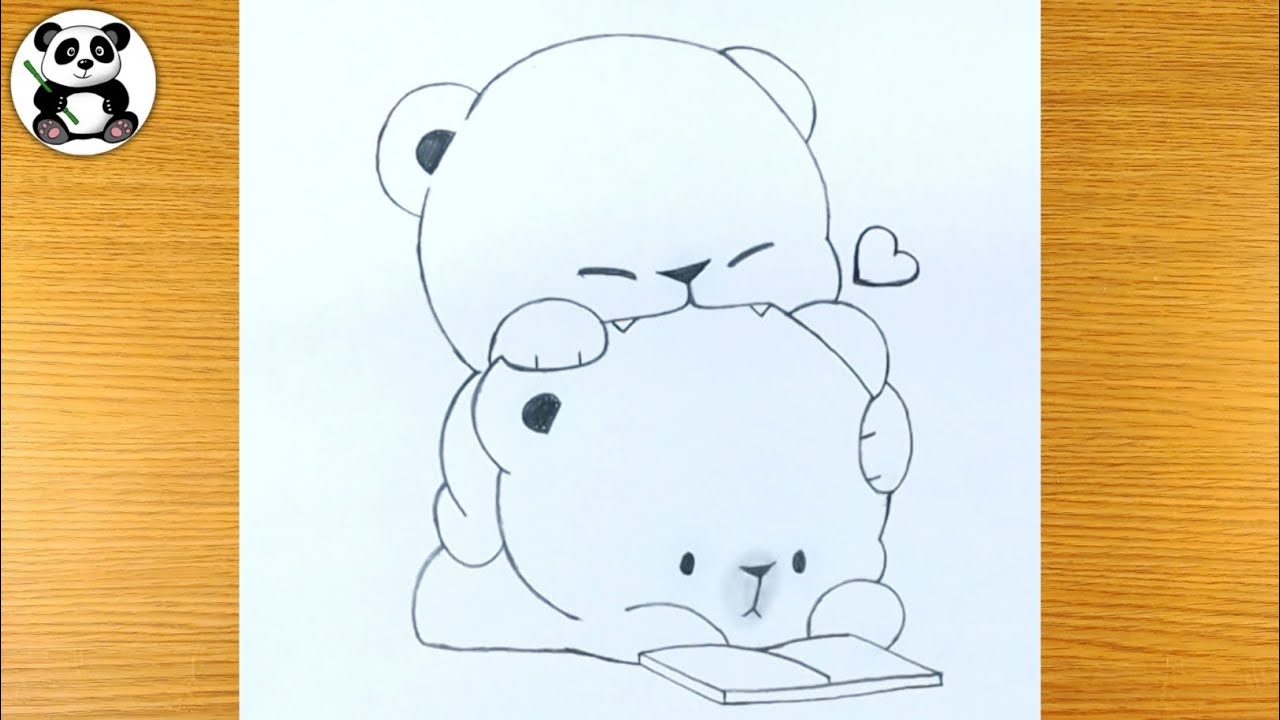 Outline cute fighting bear lovely couple pencil drawing | animals drawing