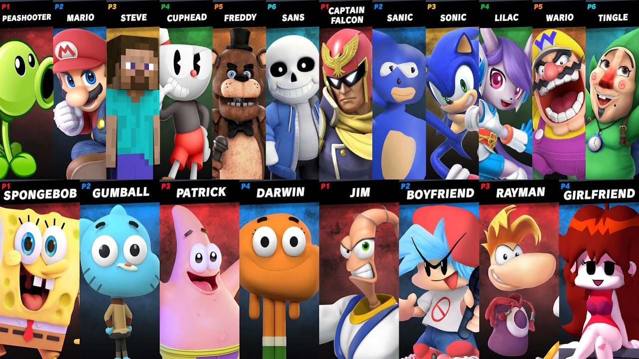 Sonic vs Wario | Spongebob vs Gumball | Freddy vs Steve vs Mario vs Sans | Super Smash Bros