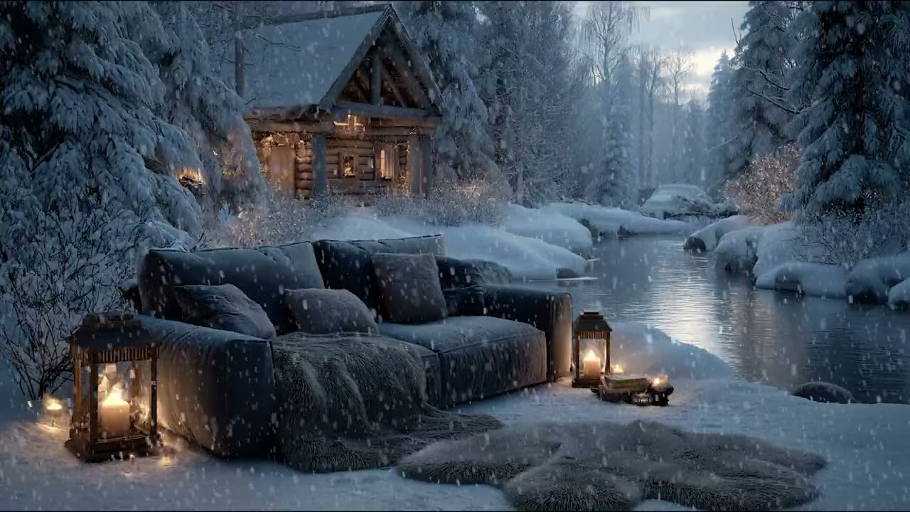 Peaceful Winter Sofa by the Window with Snow Falling and Soft Piano Music for Deep Relaxation