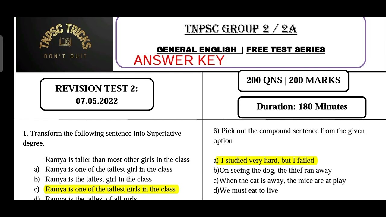 TNPSC | Group 2/2A 2022 | REVISION TEST 2 ANSWER KEY PDF FREE DOWNLOAD ...