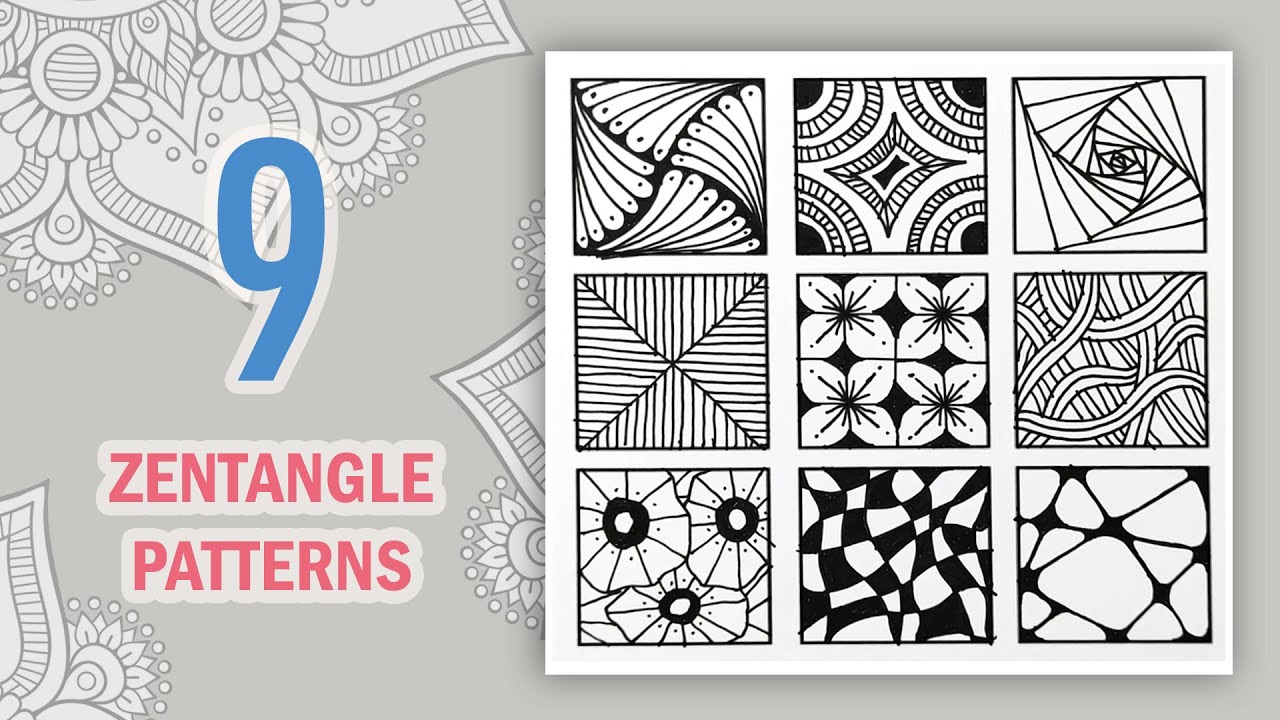 9 easy zentangle patterns for beginners / Zentangle art - YouTube