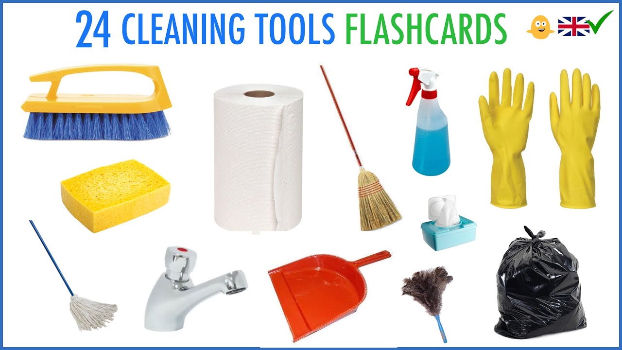 24 Cleaning Tools - Learn English Vocabulary - Flashcards For Kids