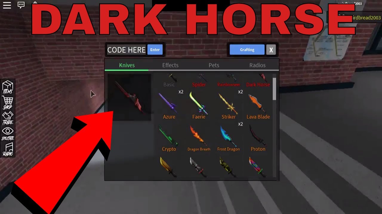 I Got A Dark Horse Mythic Knife Roblox Assassins Mythic Knife Youtube - codes for exotic knives assassin roblox