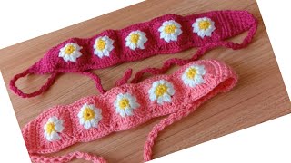 كروشيه بندانة/ حزام/ بوحدات مربعة مميزة بزهرة بارزة  Crochet headband