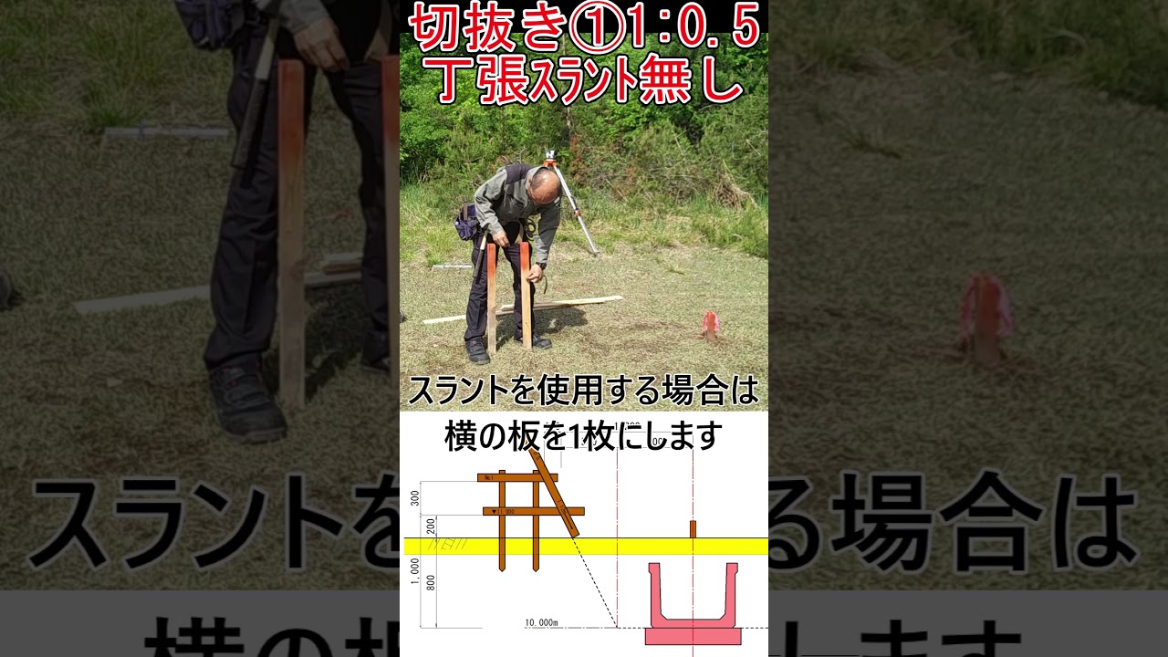 切抜き①法勾配1:0.5の丁張の掛け方【超基本】 #土木 #施工管理 #丁張 #測量 #現場監督 #建設業 #若手技術者 #出来形管理 #レベル測量 #法勾配