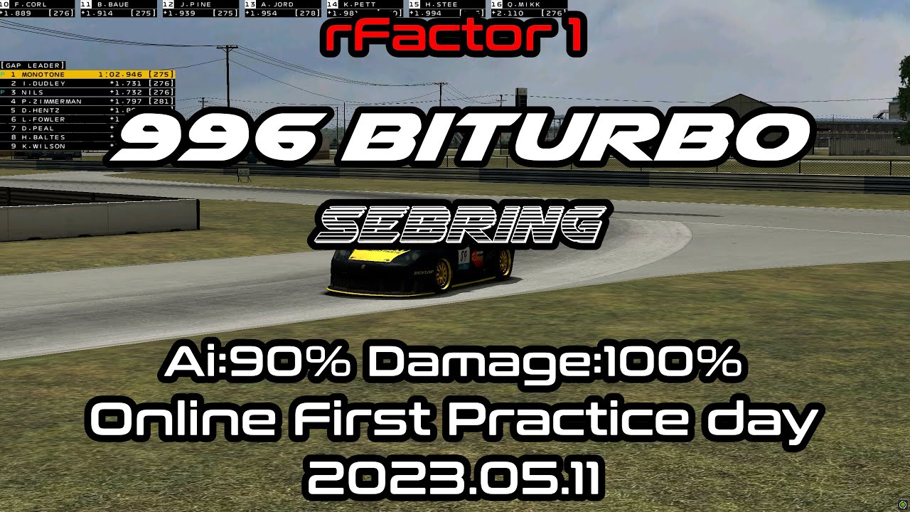 rFactor1 996 BiTURBO Sebring Ai:90% Damage:100%Online First Practice day 2023.05.11