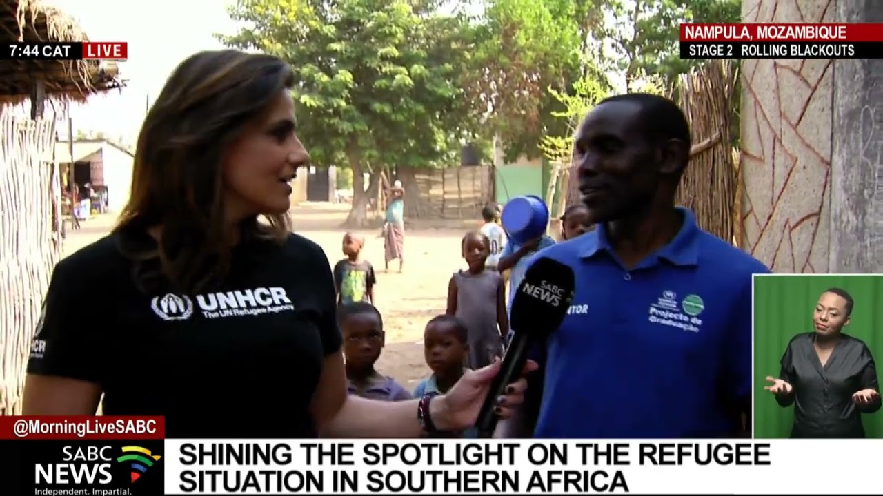 SABC News anchor Leanne Manas at a refugee settlement in Mozambique