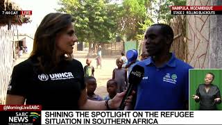 SABC News anchor Leanne Manas at a refugee settlement in Mozambique screenshot 1