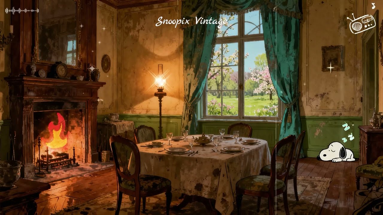 Spring Jazz Evening with Snoopy 🌿 | 1940s Cozy Room & Vintage Music from Another Room