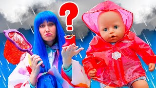 Baby Annabell doll goes for a walk &amp; Disney princess. Kids pretend to play princesses.