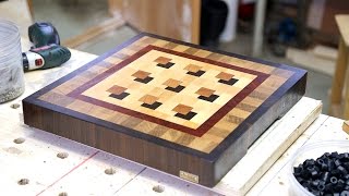 I used five woods for this custom end grain cutting board: maple, walnut, cherry, padauk and oak. The detailed process of making 