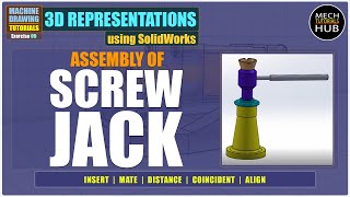 Screw Jack (Assembly) | 3D REPRESENTATIONS (SolidWorks) | Ex 09 | MACHINE DRAWING Tutorials