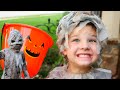 Trick or treat for halloween candy  caleb pretend play scavenger hunt in spooky costumes with mom