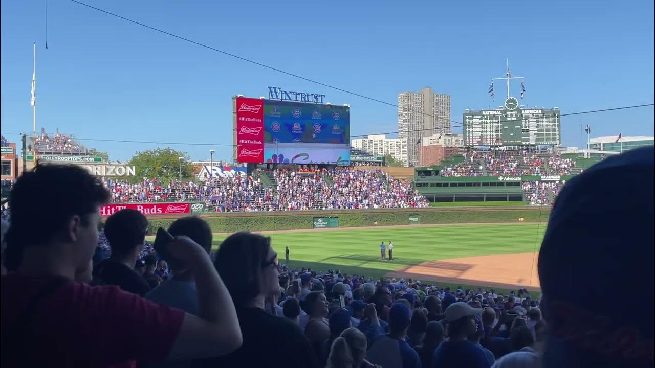 Wrigley Field showing a throwback of Cookie Monster seventh inning