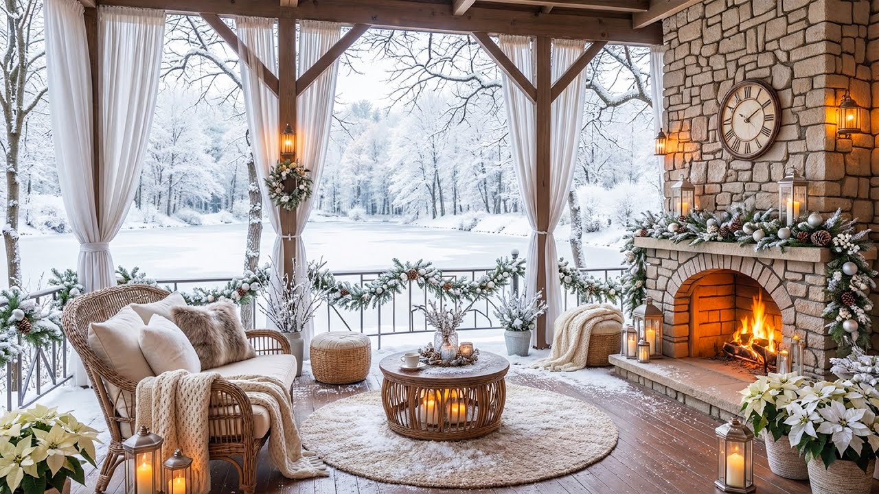 Tea Time on a Winter Porch ❄️Relaxing Piano Music with Fireplace Sounds & Blizzard Sounds for Relax