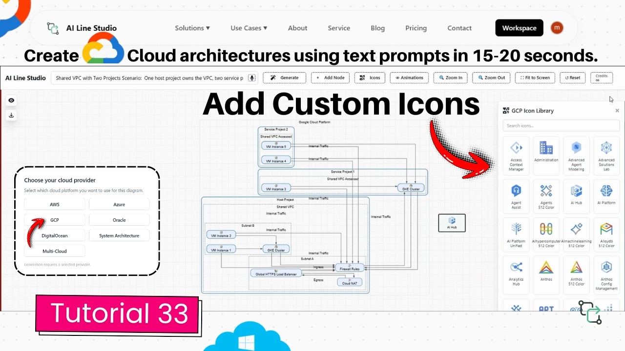 Add custom icons to GCP architecture diagram tutorial showing the Icon library, drag and drop, and connecting nodes