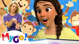 five little monkeys jumping on the bed cocomelon mygo sign language for kids asl