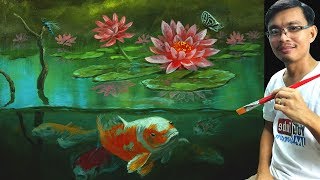 Acrylic Painting Tutorial | Koi Fishes with Lotus Flowers in Pond