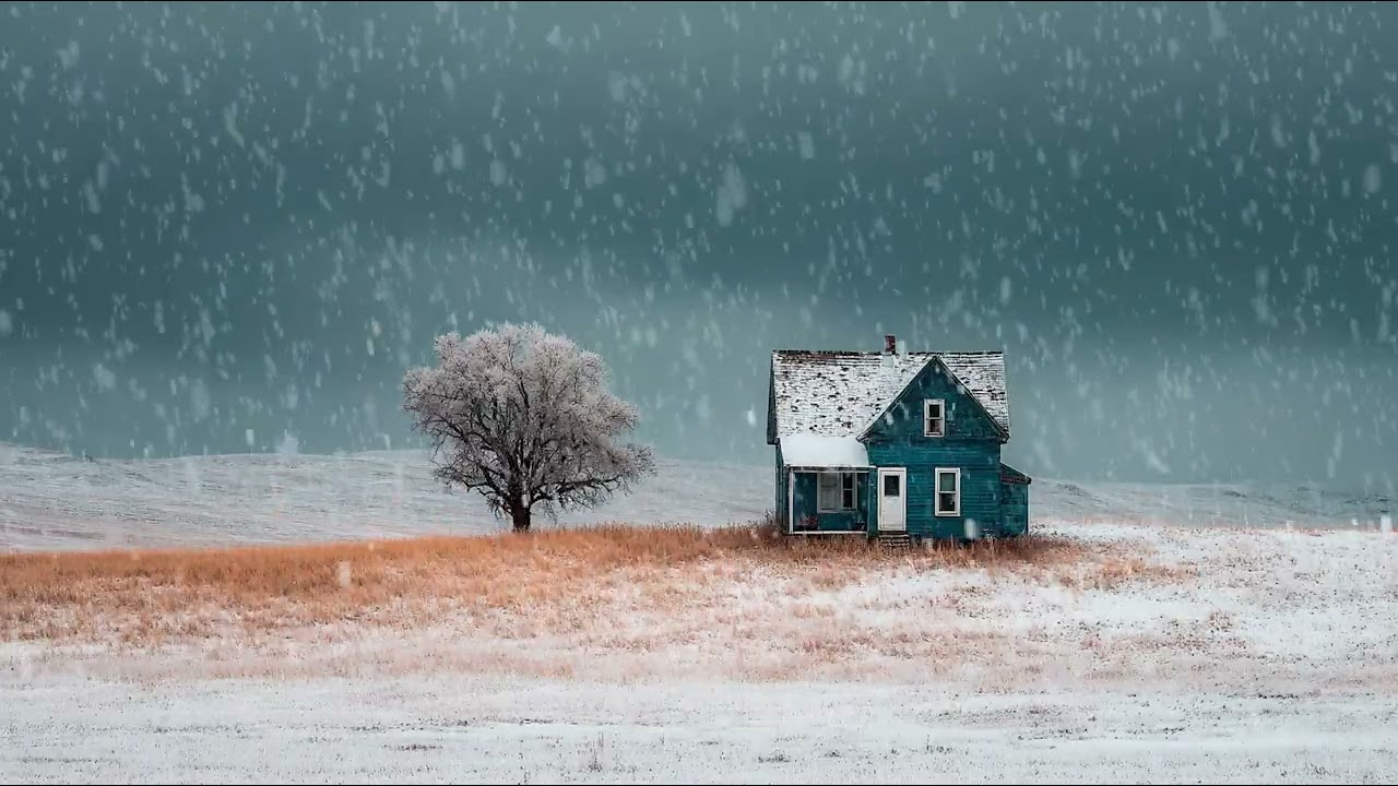 Gentle winter snowfall moving across quiet countryside fields | Calm ambience for deep sleep