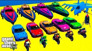 GTA V Mega Ramp On Super Cars, Bikes, Jets and Boats with Trevor and Friends Stunt Map Challenge