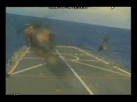 Video footage released by the Australian military of the crash of an Army helicopter in November 2006. The helicopter is seen coming in above regulation speed and skids off the eastern side of the rear of the frigate, breaking the tail rotor off and sending the rest of the helicopter spinning into the ocean. Two naval servicemen died as a result. I hope this video isnt viewed as means of 'entertainment' like a number of the others, instead a reflection upon the extraordinary conditions our servicemen/women are placed in that us ordinary people take for granted.