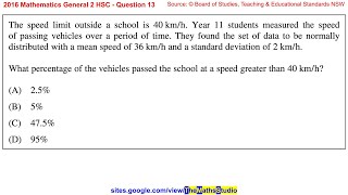 2016 Maths General 2 HSC Q13 Using empirical rule to find percentage of normally distributed scores