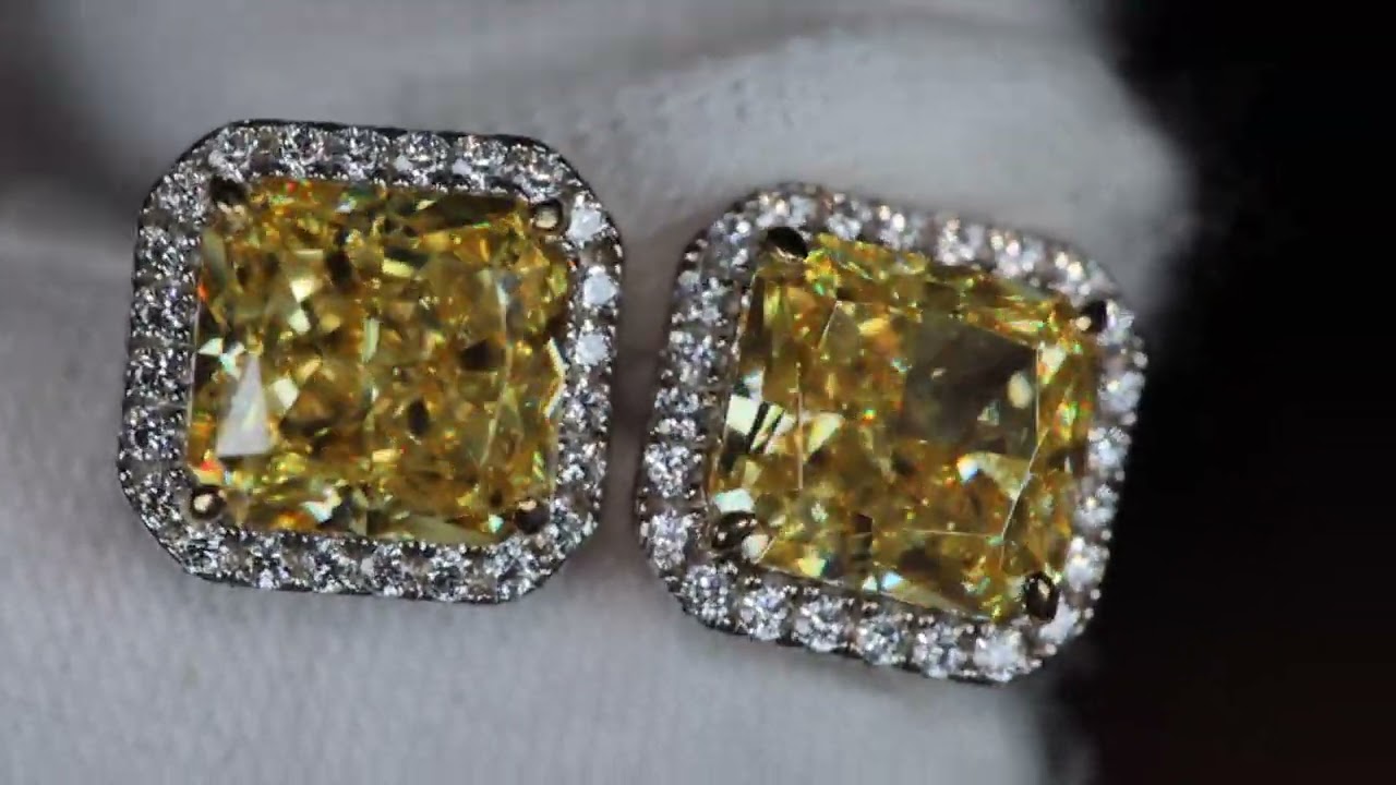 4.0ct Radiant diamond ear studs, yellow diamond ear studs, yellow simulated lab diamond ear studs