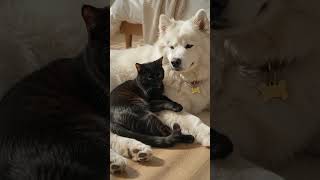 Morning Cuddle🐈⬛🐕 #blackcat #samoyed #voidandcloud #shorts