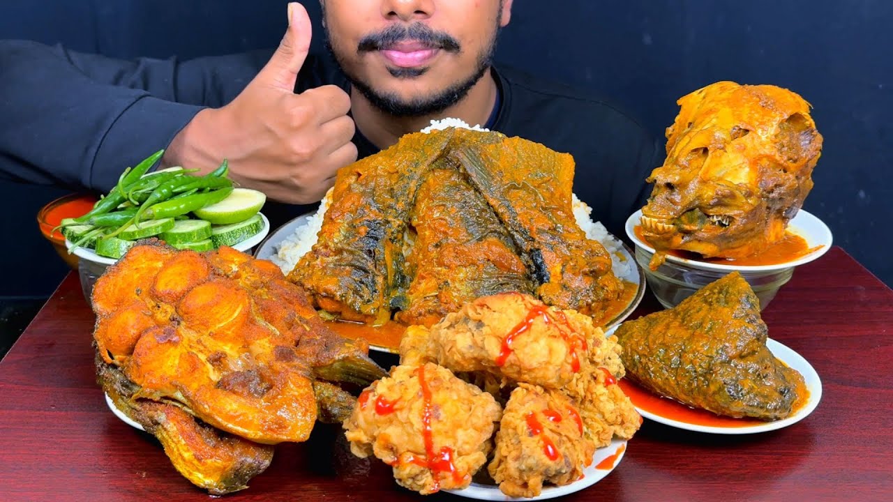 Eating Spicy Fiah Curry,Beef Lounge,Fish Fry,Goat Head,Cowliflower Fry With Rice Salat || Asmr Show