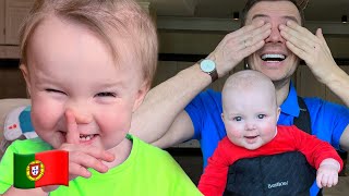 Mania e papai brincam de esconde esconde em uma loja de brinquedos