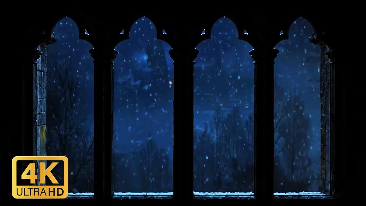 4K Harry Potter Winter Window View - Hogwarts Snow Ambience & Wind Sounds for Study and Sleep calm